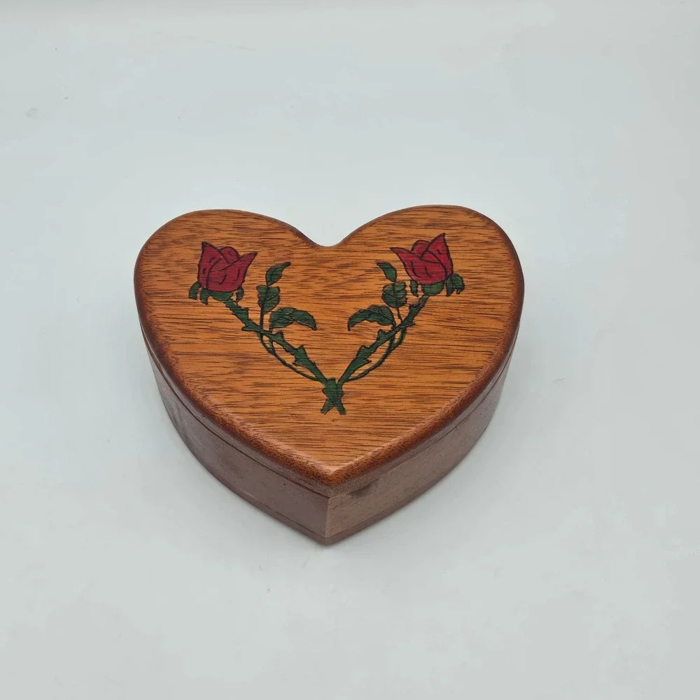 Vintage Handmade Heart Shaped Wood Trinket Box Rose Details Felt Lined Cottage